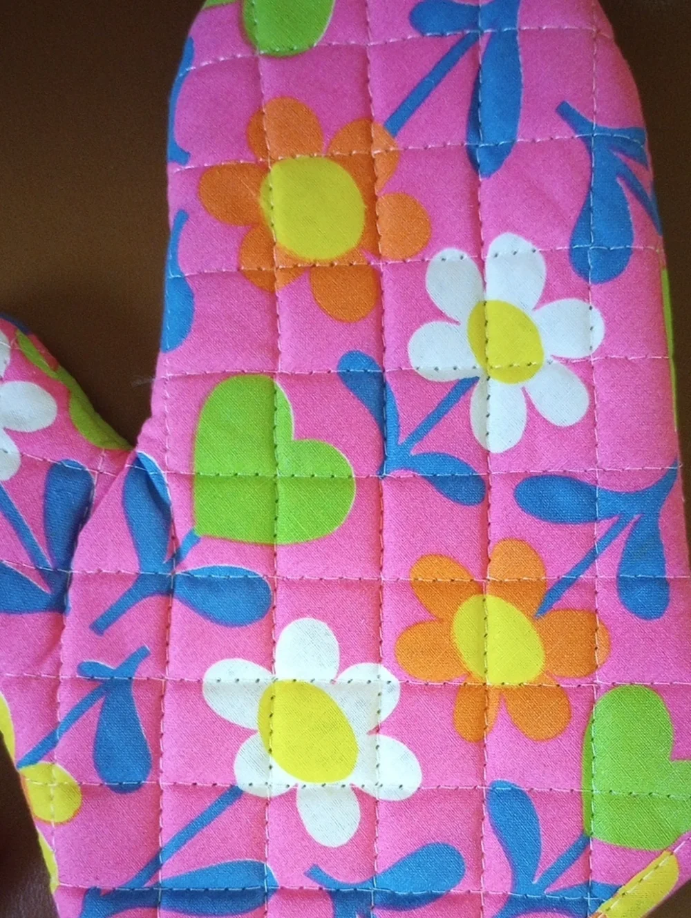 2 Vintage Retro Colorful Floral Oven Mitts. Pink Green Orange Yellow Blue White